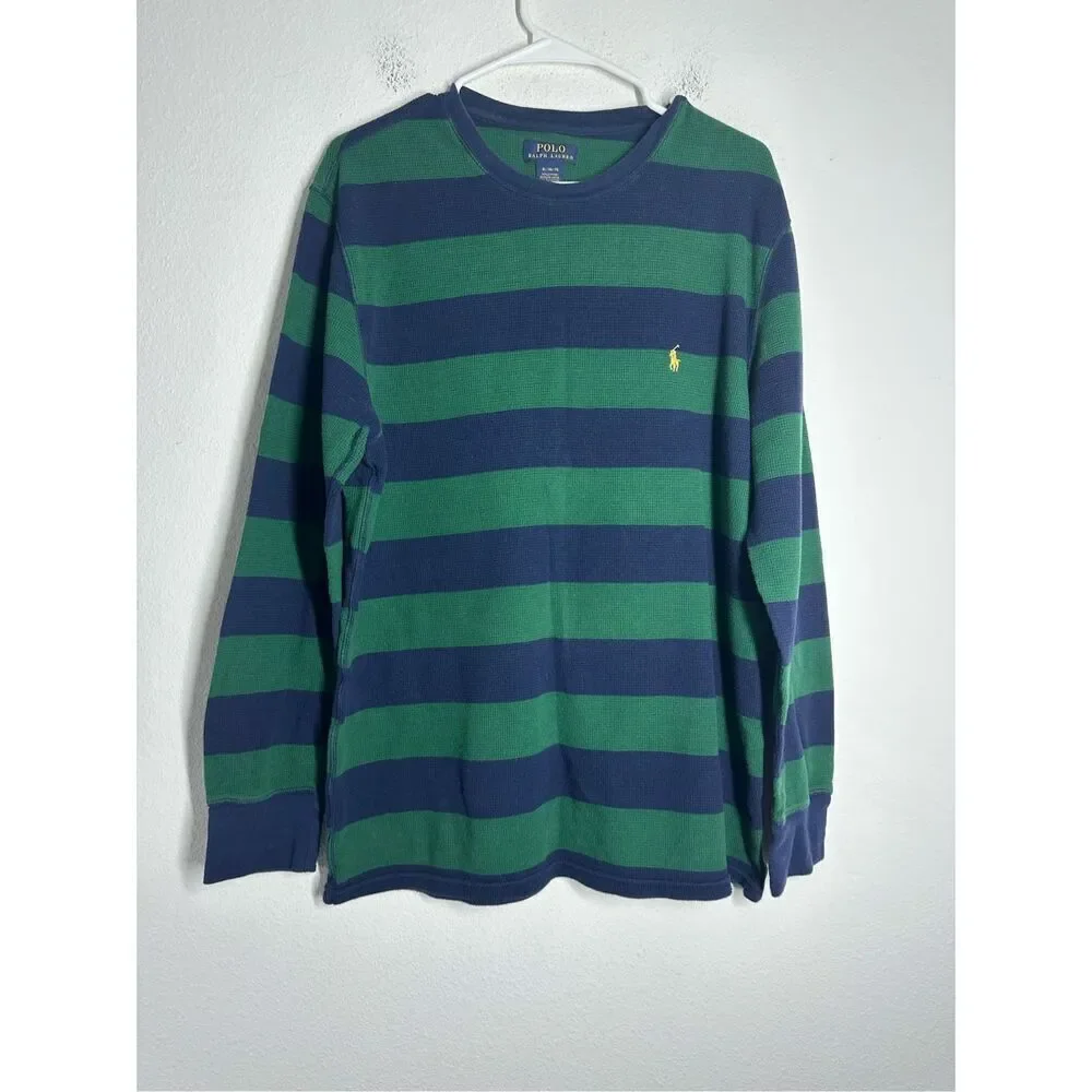 Polo Ralph Lauren Shirt Adult Striped Green Blue Waffle Knit Long Sleeve Size XL